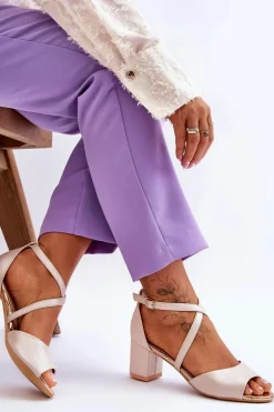 Damskie Skórzane Sandałki Na Niskim Obcasie Złote Quinn