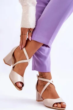 Damskie Skórzane Sandałki Na Niskim Obcasie Złote Quinn