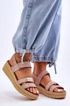 Damskie Skórzane Sandałki Na Rzep Różowe Fresh Look