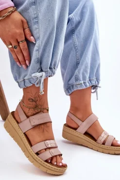 Damskie Skórzane Sandałki Na Rzep Różowe Fresh Look