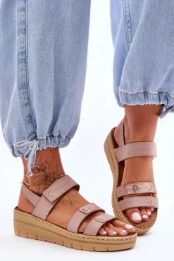 Damskie Skórzane Sandałki Na Rzep Różowe Fresh Look