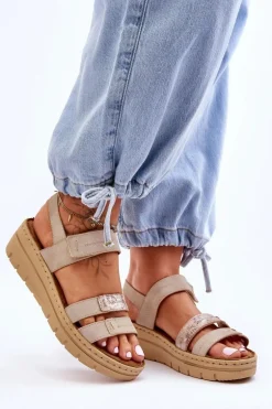 Damskie Skórzane Sandałki Na Rzep Beżowe Fresh Look