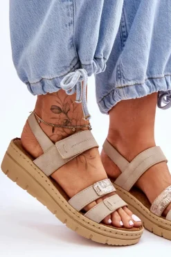 Damskie Skórzane Sandałki Na Rzep Beżowe Fresh Look