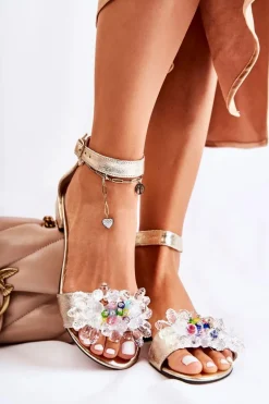 Damskie Skórzane Sandałki Na Płaskim Obcasie Złote Morlee