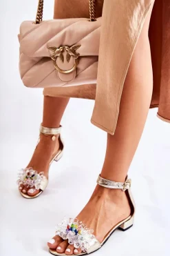 Damskie Skórzane Sandałki Na Płaskim Obcasie Złote Morlee