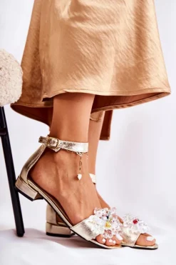 Damskie Skórzane Sandałki Na Płaskim Obcasie Złote Morlee