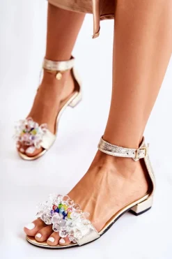 Damskie Skórzane Sandałki Na Płaskim Obcasie Złote Morlee