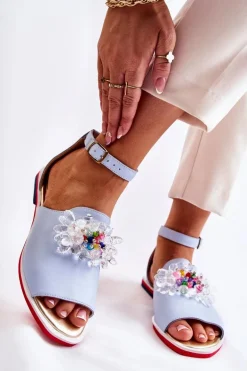 Damskie Skórzane Sandałki Z Ozdobą Niebieskie Nevassa