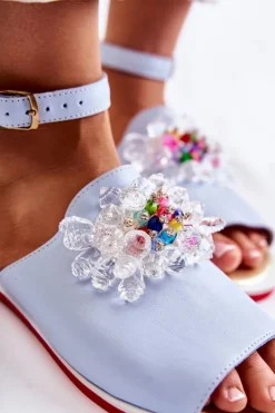 Damskie Skórzane Sandałki Z Ozdobą Niebieskie Nevassa