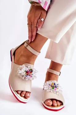 Damskie Skórzane Sandałki Z Ozdobą Beżowe Nevassa