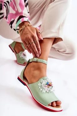 Damskie Skórzane Sandałki Z Ozdobą Zielone Nevassa