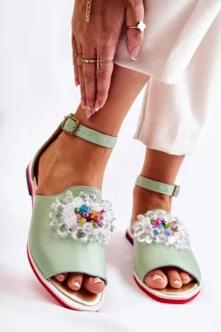 Damskie Skórzane Sandałki Z Ozdobą Zielone Nevassa