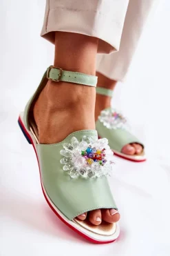 Damskie Skórzane Sandałki Z Ozdobą Zielone Nevassa