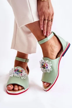 Damskie Skórzane Sandałki Z Ozdobą Zielone Nevassa