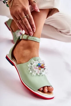 Damskie Skórzane Sandałki Z Ozdobą Zielone Nevassa