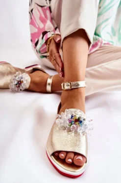 Damskie Skórzane Sandałki Z Ozdobą Złote Nevassa