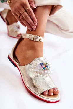 Damskie Skórzane Sandałki Z Ozdobą Złote Nevassa