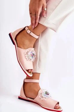 Damskie Skórzane Sandałki Z Ozdobą Jasnoróżowe Nevassa