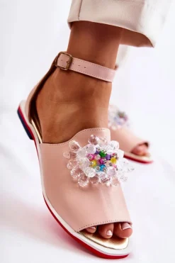 Damskie Skórzane Sandałki Z Ozdobą Jasnoróżowe Nevassa