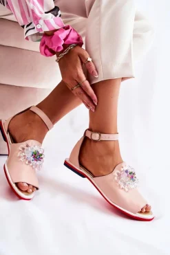 Damskie Skórzane Sandałki Z Ozdobą Jasnoróżowe Nevassa