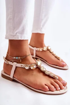 Damskie Skórzane Sandały Japonki Z Ozdobnym Paskiem Beżowe Juliana
