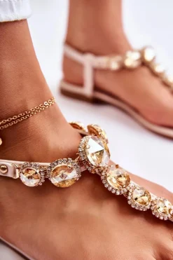 Damskie Skórzane Sandały Japonki Z Ozdobnym Paskiem Beżowe Juliana