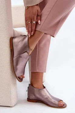 Damskie Skórzane Sandały Laura Messi 2443 Różowe Złoto