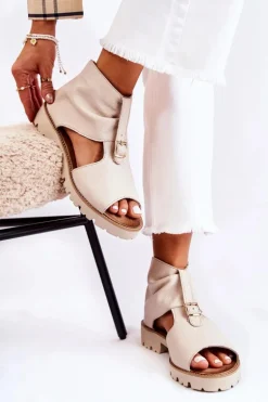 Damskie Skórzane Sandały Na Suwak Nicole 2748 Beżowe