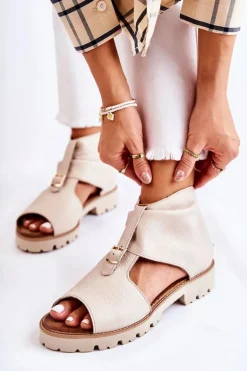 Damskie Skórzane Sandały Na Suwak Nicole 2748 Beżowe