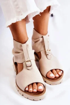 Damskie Skórzane Sandały Na Suwak Nicole 2748 Beżowe