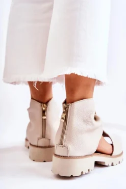 Damskie Skórzane Sandały Na Suwak Nicole 2748 Beżowe