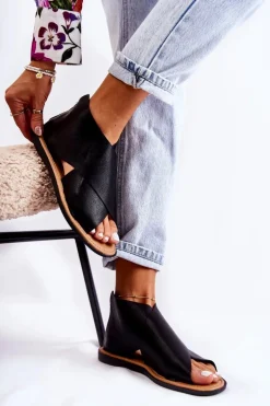 Damskie Skórzane Sandały Na Szeroką Stopę Czarne Catalise