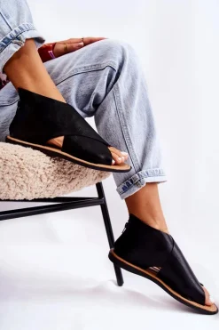 Damskie Skórzane Sandały Na Szeroką Stopę Czarne Catalise