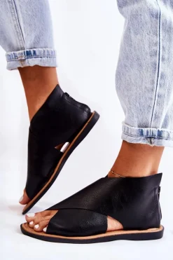 Damskie Skórzane Sandały Na Szeroką Stopę Czarne Catalise