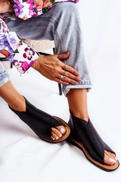 Damskie Skórzane Sandały Na Szeroką Stopę Czarne Catalise