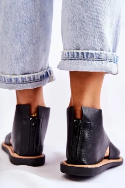 Damskie Skórzane Sandały Na Szeroką Stopę Czarne Catalise