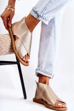 Damskie Skórzane Sandały Na Szeroką Stopę Złote Catalise