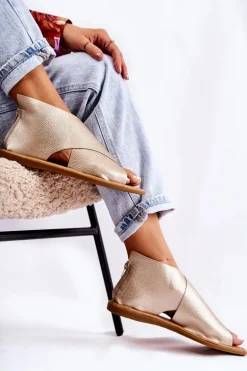 Damskie Skórzane Sandały Na Szeroką Stopę Złote Catalise