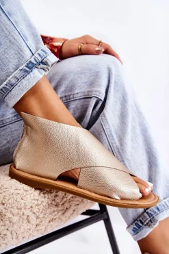 Damskie Skórzane Sandały Na Szeroką Stopę Złote Catalise