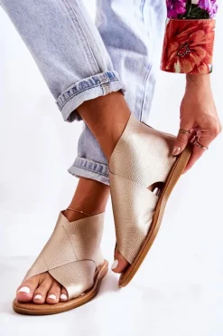 Damskie Skórzane Sandały Na Szeroką Stopę Złote Catalise