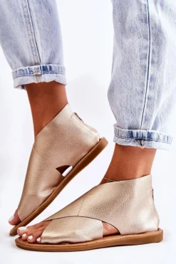 Damskie Skórzane Sandały Na Szeroką Stopę Złote Catalise