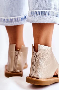 Damskie Skórzane Sandały Na Szeroką Stopę Złote Catalise