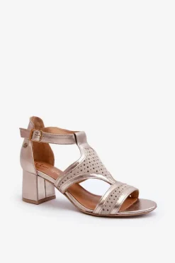 Damskie Skórzane Sandały Na Słupku Maciejka 06459-25 Beżowo-Złote