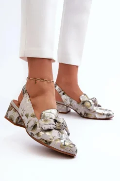 Damskie Skórzane Sandały Na Niskim Obcasie W Kwiaty Maciejka N6539-38 Zielone