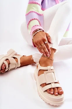 Damskie Skórzane Sandały Na Platformie Beżowe Corene