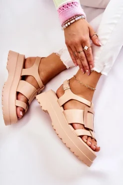 Damskie Skórzane Sandały Na Platformie Ciemnobeżowe Corene