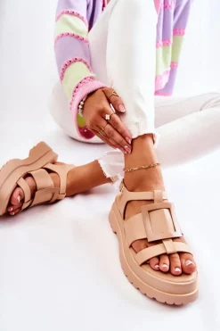 Damskie Skórzane Sandały Na Platformie Ciemnobeżowe Corene