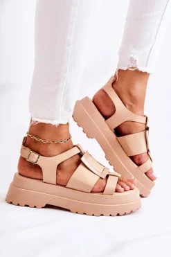 Damskie Skórzane Sandały Na Platformie Ciemnobeżowe Corene