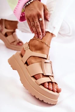 Damskie Skórzane Sandały Na Platformie Ciemnobeżowe Corene