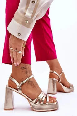 Damskie Skórzane Sandały Na Obcasie I Platformie Złote Verda